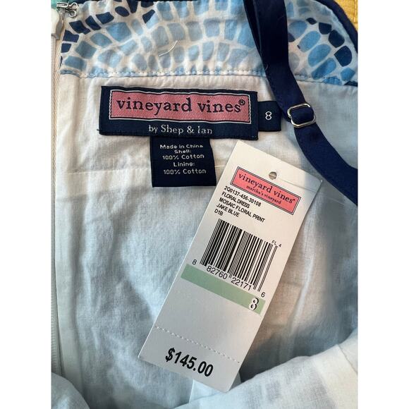 New Vineyard Vines Blue Floral Mosaic Print Dress in Jake Blue Size: 8 Medium - Picture 8 of 8